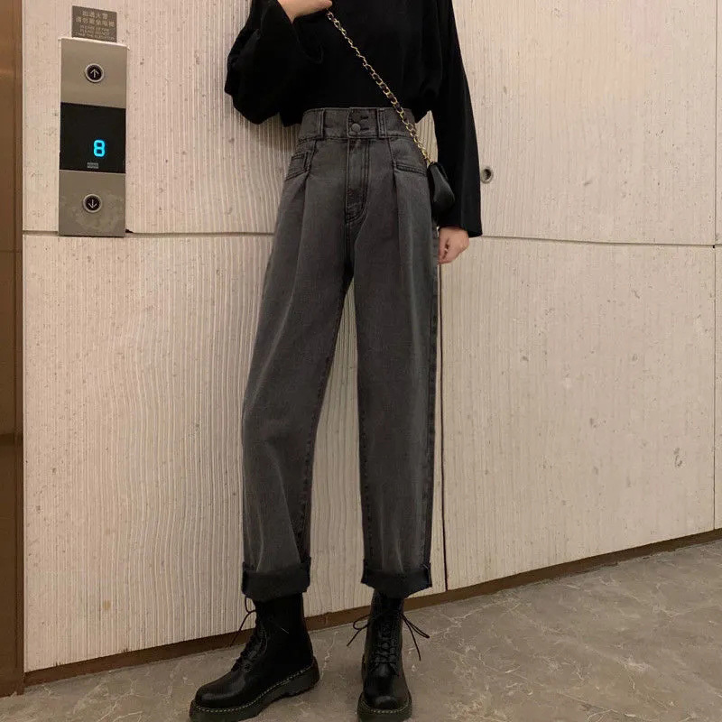 

Korean high waist brem baggy for woman streetwear vintage two buttons deniharem pants plied straight leg jean, Dark grey