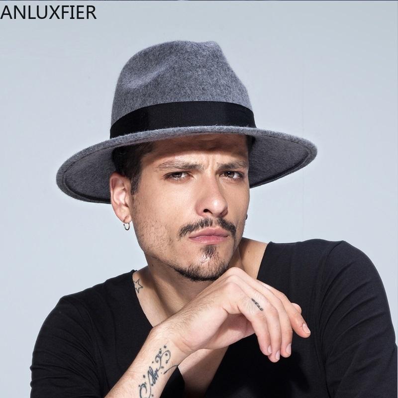 

B-1509 Male Wool Felt British Panama Jazz Hat 100% Wool Fedora Felt Hat Black Panama Wide Brim Classic Trilby