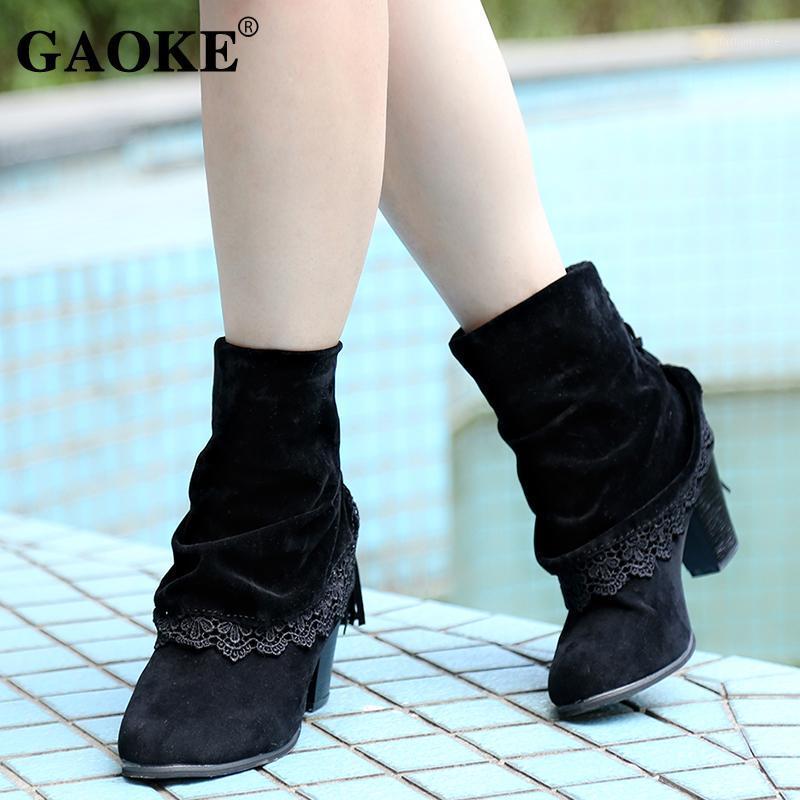 

2020 Spring Woman Platform Boots Woman Shoes High Heel Rubber Boots Lace Tassle Shoes Autumn Winter Female Footwear1, Black