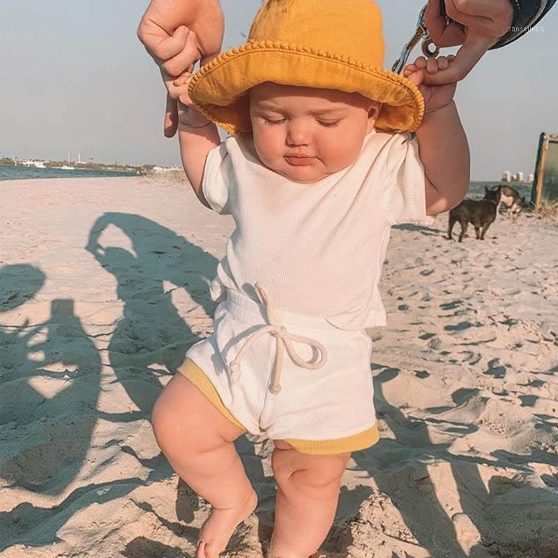 

kids' wear boy girl solid color pit strip short-sleeved T-shirt+shorts two-piece set Stumble toddler 0-2 y baby Quality clothing1, Photo color