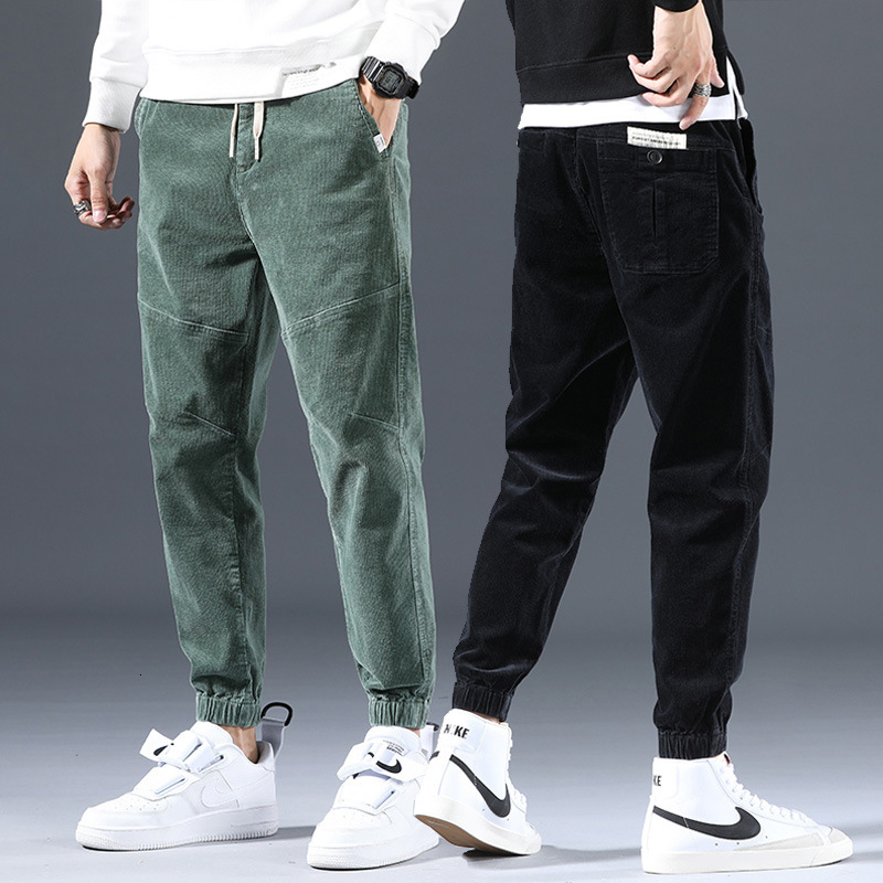 

2021 New Newly Fashion Designer Men Jeans Japanese Vintage Style Casual Corduroy Harem Pants Streetwear Hip Hop Joggers Wide Leg Trousers Jf, Green