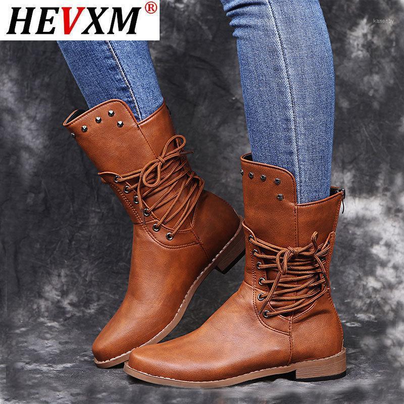 

Women Flat Pu Cowboy Boots Female Cross-tie Rivet Mid-Calf Boots 2020 Autumn Winter Woman Low Square Heel Shoes Black Brown 431
