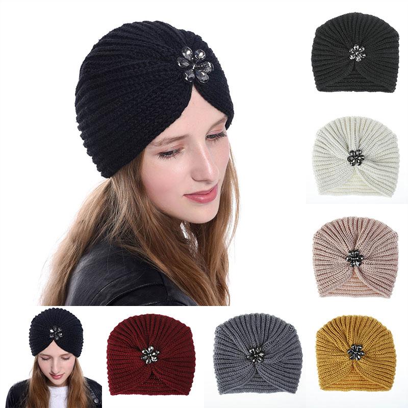 

Beanie/Skull Caps Women Bohemian Style Warm Winter Autumn Knitted Cap Fashion Boho Soft Hair Accessories Turban Solid Color Muslim Hat Whole, Grey