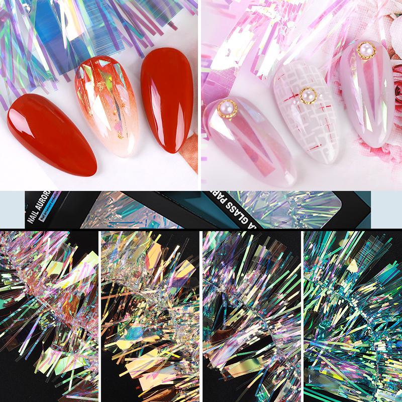 

RIKONKA 1Box Aurora Cellophane Nail Srickers Holographic Colorful Laser Nail Decals Glass Paper Foils Professional Manicure