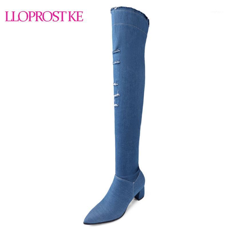 

Lloprost ke Women Boots Platform Thick Heels Over The Knee Boots Fashion Zip Slim Long Thigh Denim Size 33-43 MY9361, Black