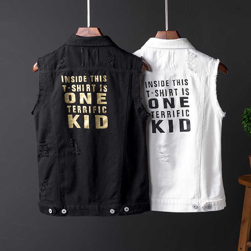 

2021 New Spring Summer Newly Fashion Slim Fit Printed Designer Ripped Denim Vest Men Streetwear Hip Hop Veste Homme Chaqueta 3npu, Black
