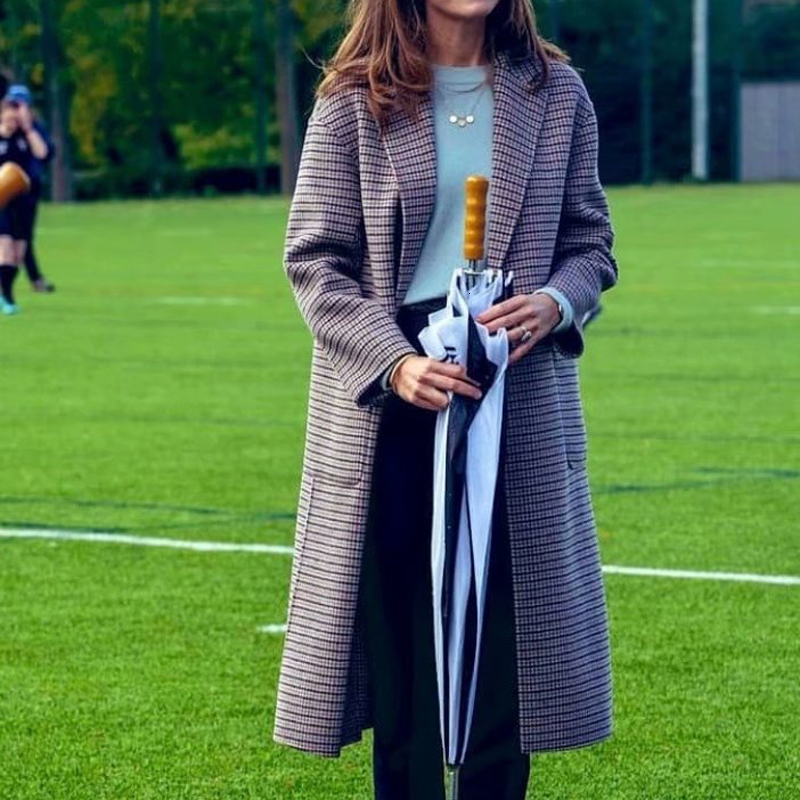 

2021 Autumn Kate Middleton New Houndstooth with Sleeve Cleavage Pocket Loose Long Jacket High Quality Ladies Fashion D13n, Brown