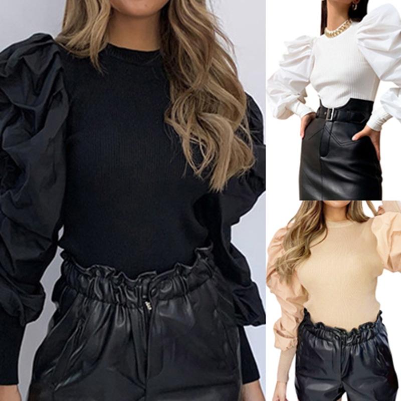 

Retro Womens Long Puff Sleeve Blouse Shirts Spring Fall Solid Fashion Female Blouses and Tops, Black
