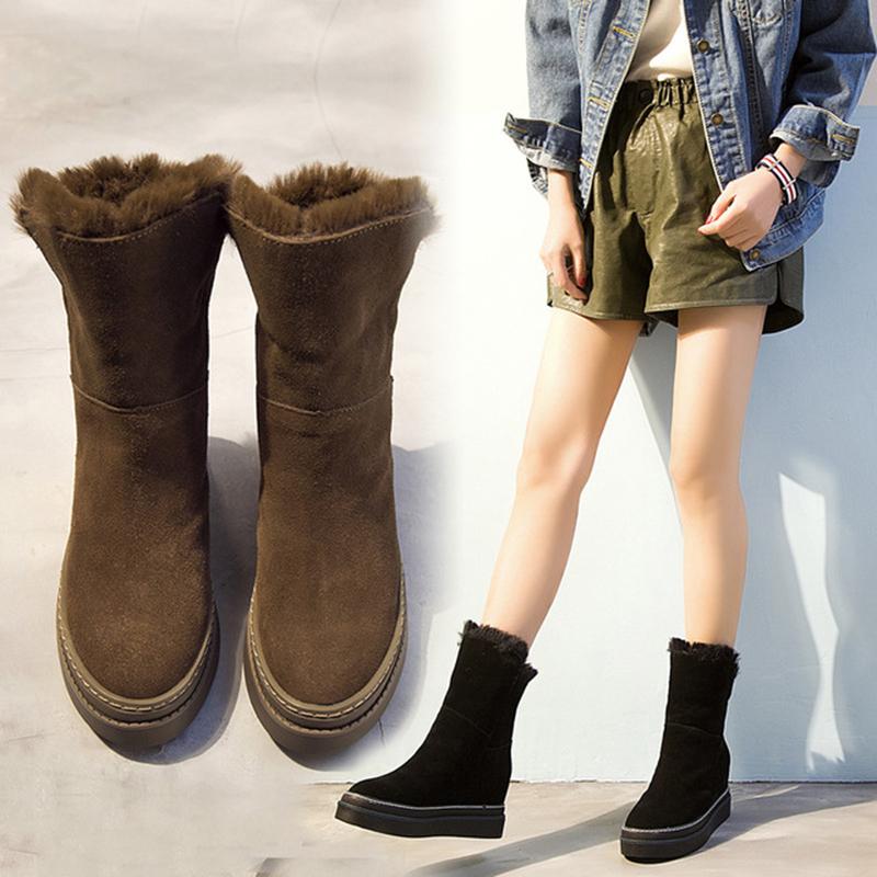 

Women's Snow Boots Genuine Leather Hidden Heel Ladies Boot Winter Plush Woman Mid-Calf Boots Slip on Women Winter Boot Snow Shoe, Black