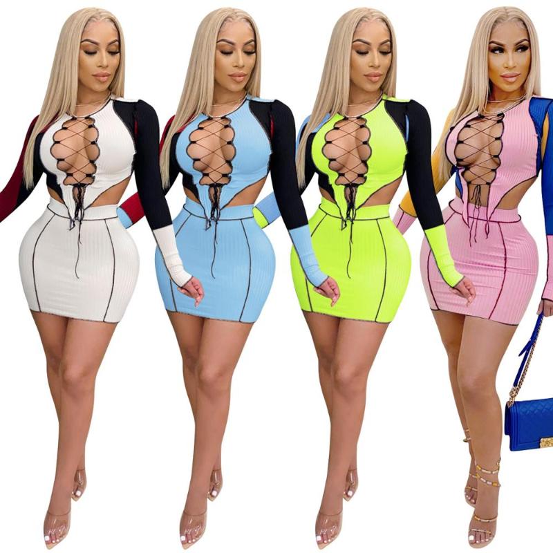 

2020 New Black White Blue Green Pink V Neck Long Sleeve Cut Out 2 Two Piece Cross Women Bodycon Party Bandage Dresss Wholesale