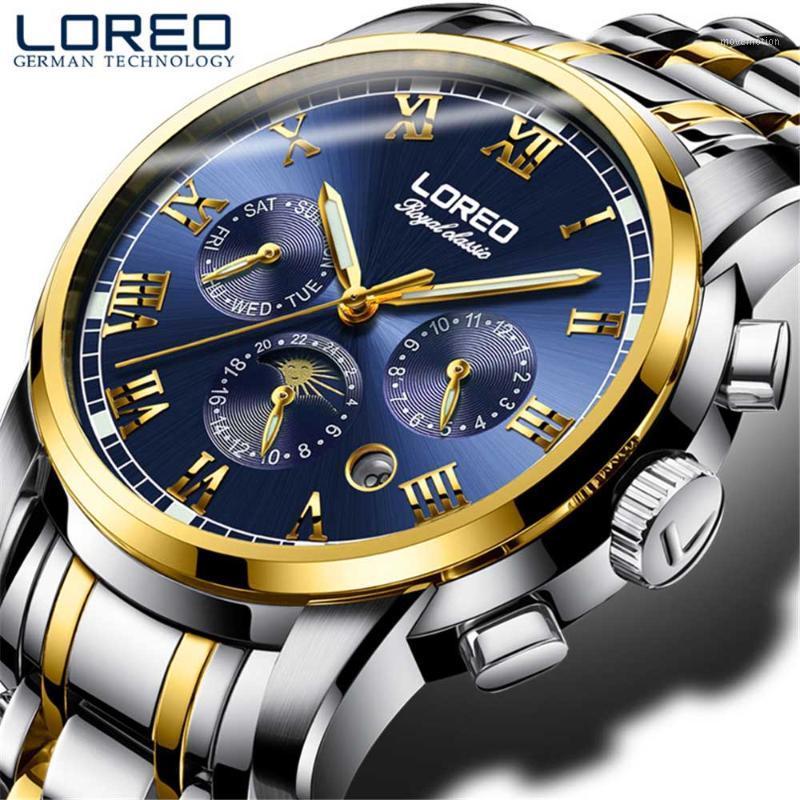 

LOREO The best Men's Watch Waterproof 50m Automatic Watch Men Moon Phase Mechanical Watches erkek kol saati1, Silver white
