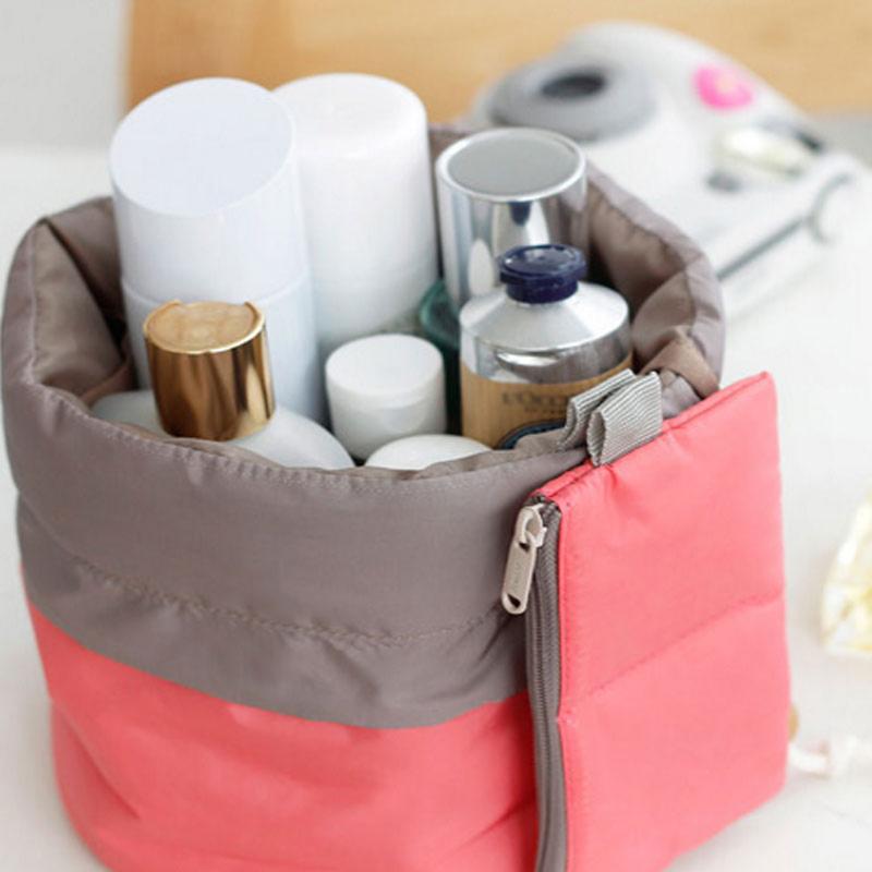 

Travel Barrel Carry Case Portable Toilet Storage Bag Woman cosmetic Makeup Toiletry Storage Organizer with Drawstring Pockets