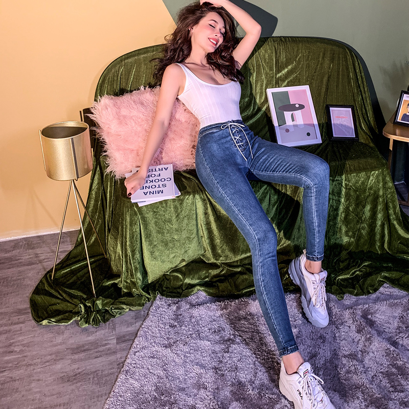 

2021 New Autumn Skinny Elastic Cordon All Coinciding with Jeans Street Female Style Two Colors Pencils High Belt Pants YAYH, Blue