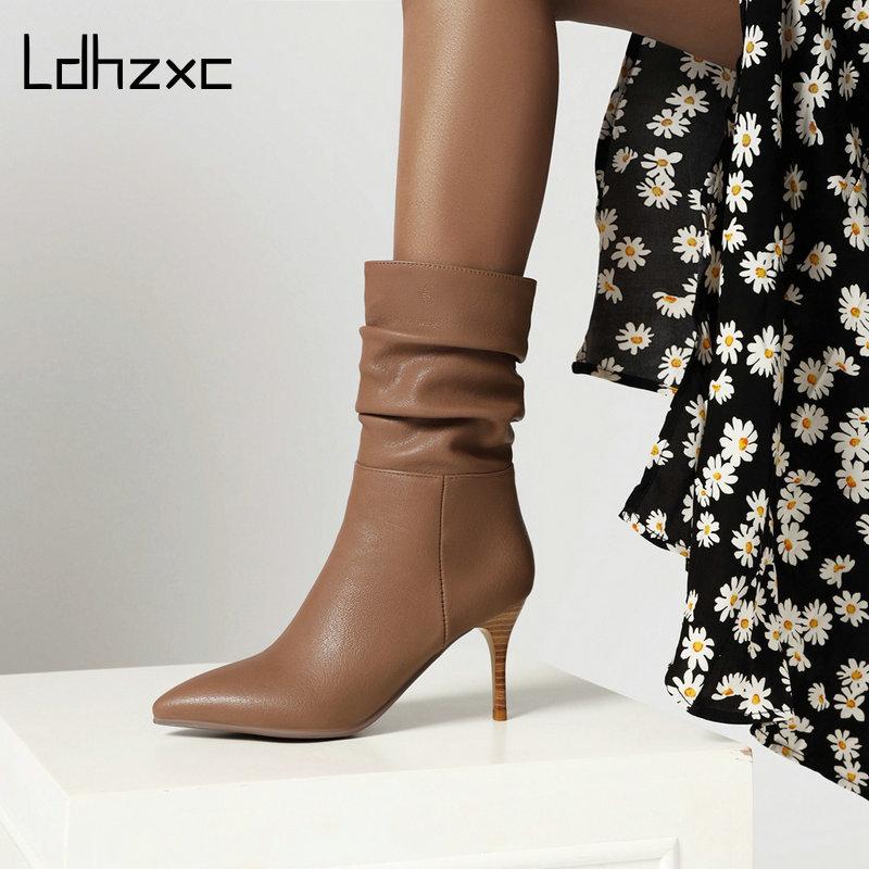 

LDHZXC New Brand Women Boots Fashion High Heels Ankle Boots Faux Leather Spring Autumn Pointed Toe Winter, Black