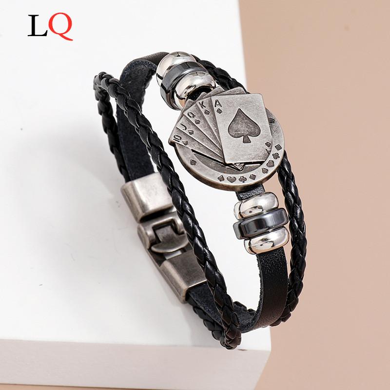 

Vintage Men Jewelry Black Leather Bracelet with Playing Cards for Men Multilayer Braided Wrap Bracelet Pulsera Hombre Wholesale