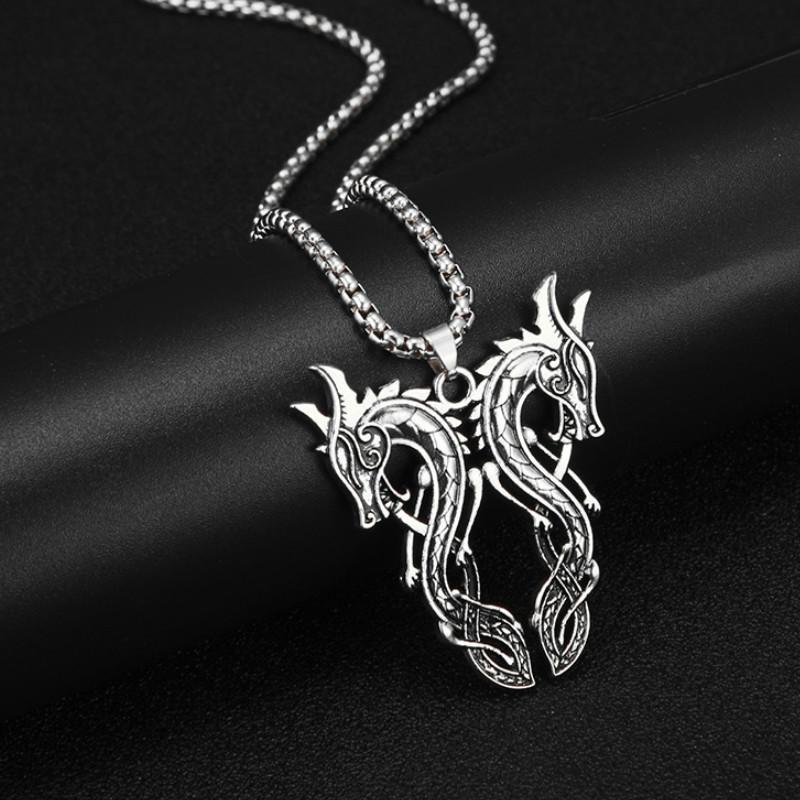 

EUEAVAN 10pcs Double Sided Dragons Pendant Necklace Sekira Talisman Antique Silvery/Gold Wiccan Jewelry For Men Women Wholesale