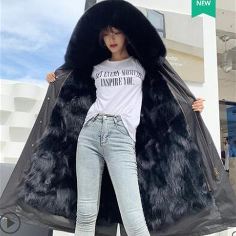 

Natural Furnace Long Outerwear Winter Jacket Raccoon Skin Lining Large Fox Fur Collar Real Parkas Coat W4er, Silver