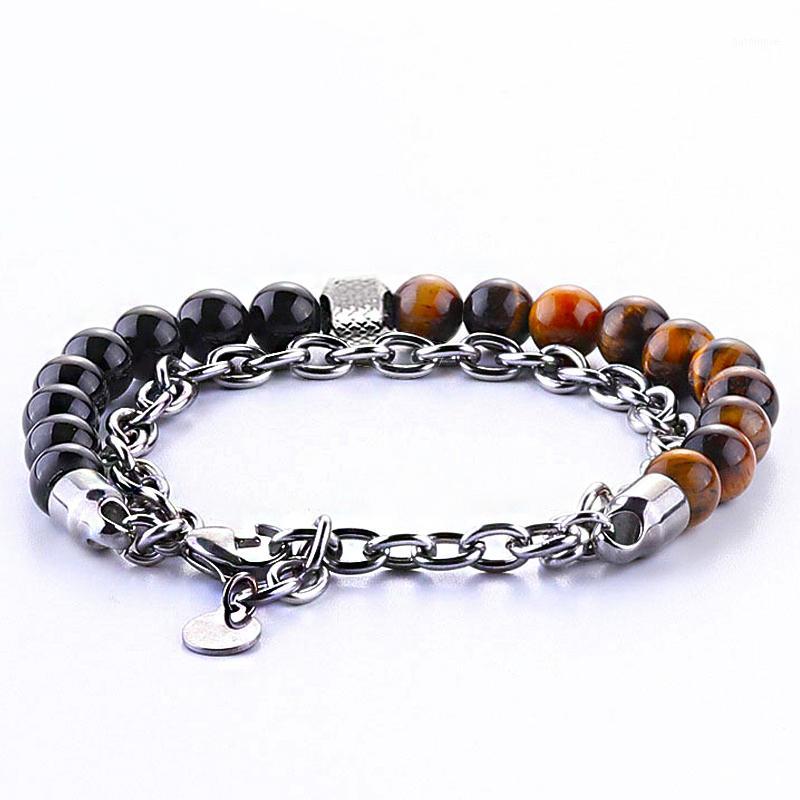 

tiger eye bracelet men natural stone Black Onyx chain on hand stainless steel hip hop Double layer bracelet Steampunk wholesale1