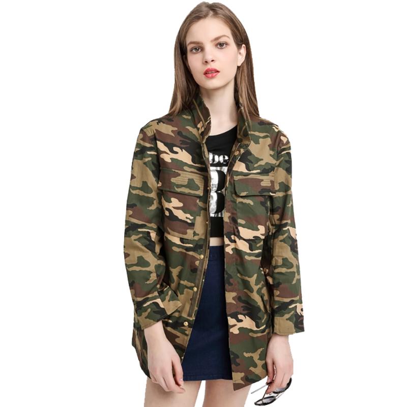 

Style Retro Camouflage Jacket Women Leisure Stand Collar Pocket Long Sleeve Zipper Jacket Basic Coat Outwear