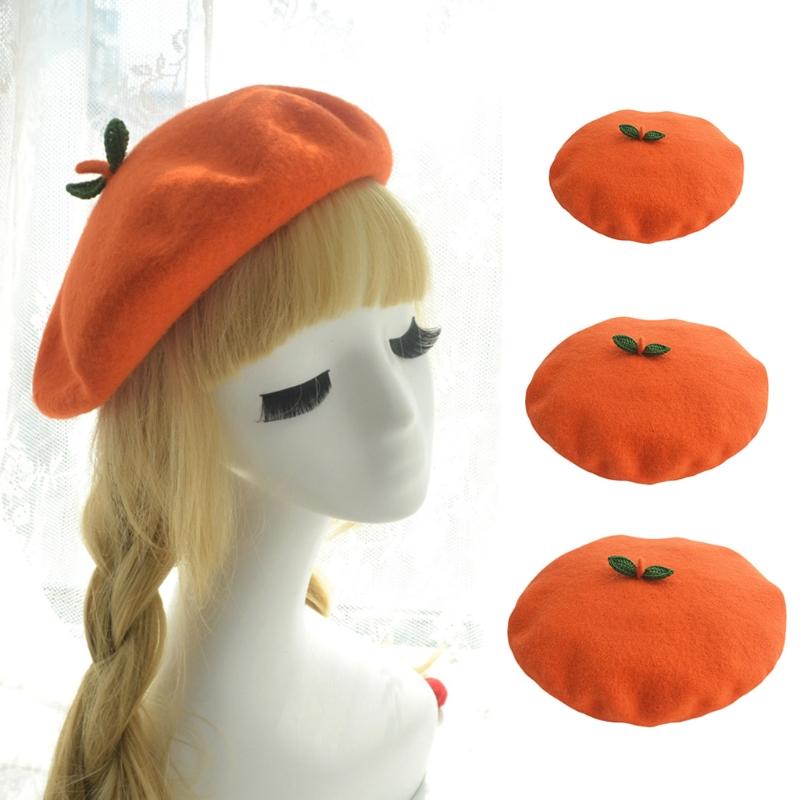 

Women Kids Winter Faux Wool Stretchy Beret Cap with Cute Green Leaves Japanese Kawaii Cartoon Orange Fruit Painter Hat, As pic
