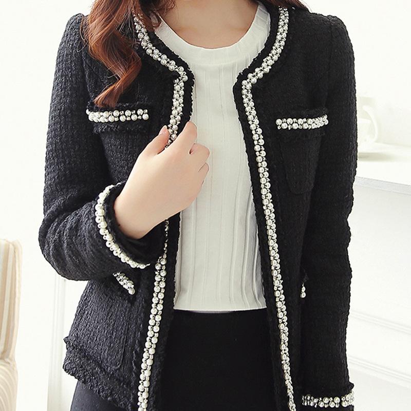 

2020 fall/winter new style small fragrance handmade pearl short short small woolen coat jacket female Korean version, White
