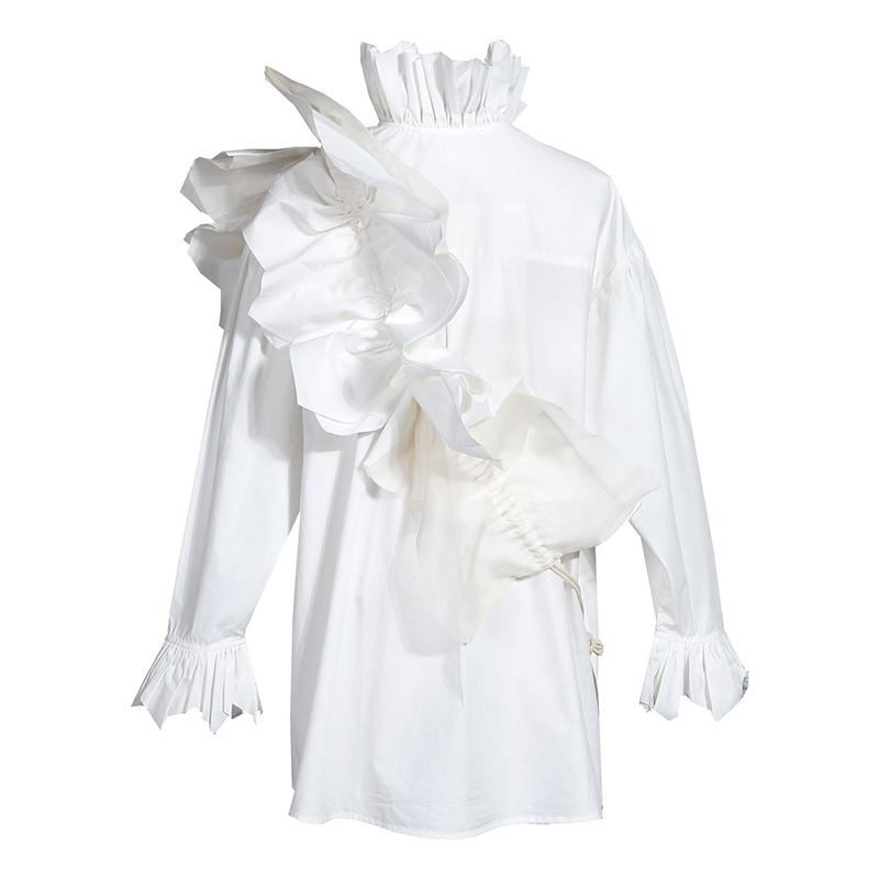 

Korea Women White Ruffles Split Blouse New Stand Collar Long Sleeve Loose Fit Shirt Fashion Tide Spring Autumn 2020 1N882
