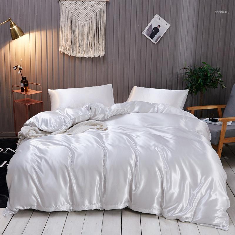 

Satin Silk Bedding Set Queen King Size Bed Sheets Pillowcase Single Double Bedclothes Grey White Duvet Cover Set Satin1