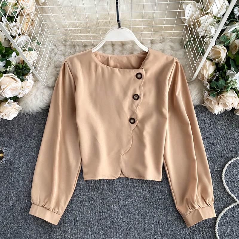 

Korea New Autumn Women's Short Tops Lady Fashion Round Neck Long Sleeve Solid Color Casual Blouse and Shirts P503, Black
