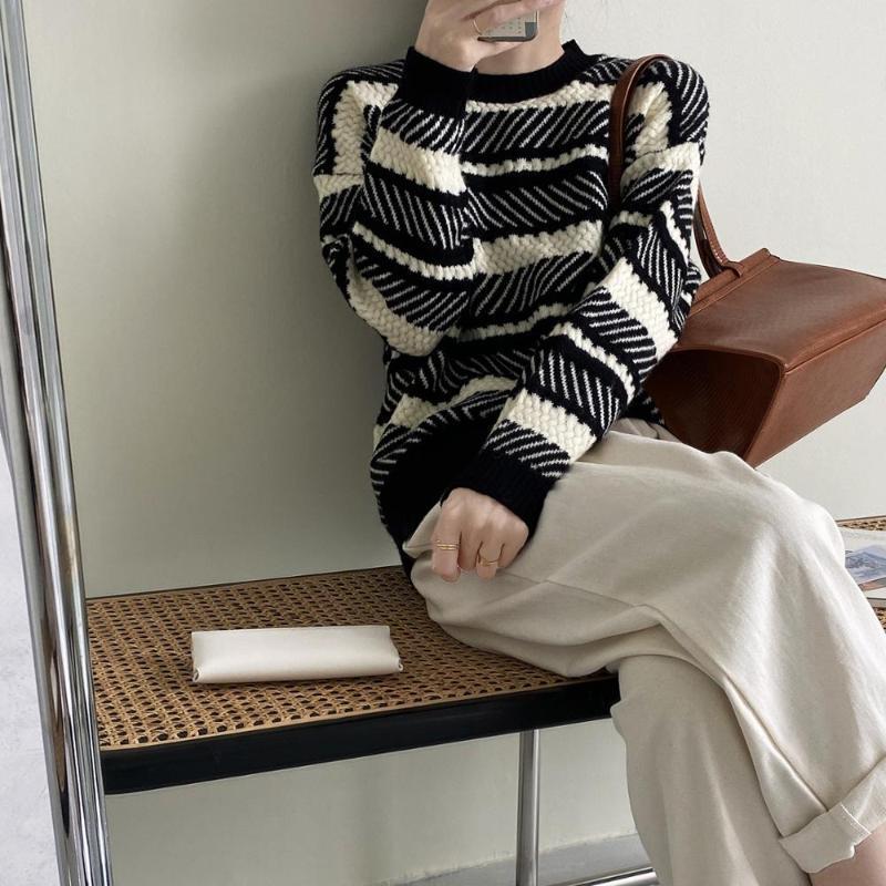 

Loose Knitted Sweater Women Brown Jumpers Long Sleeve Woman Vintage Pullovers Sweaters Casual 2020 Autumn Winter Striped Sweater