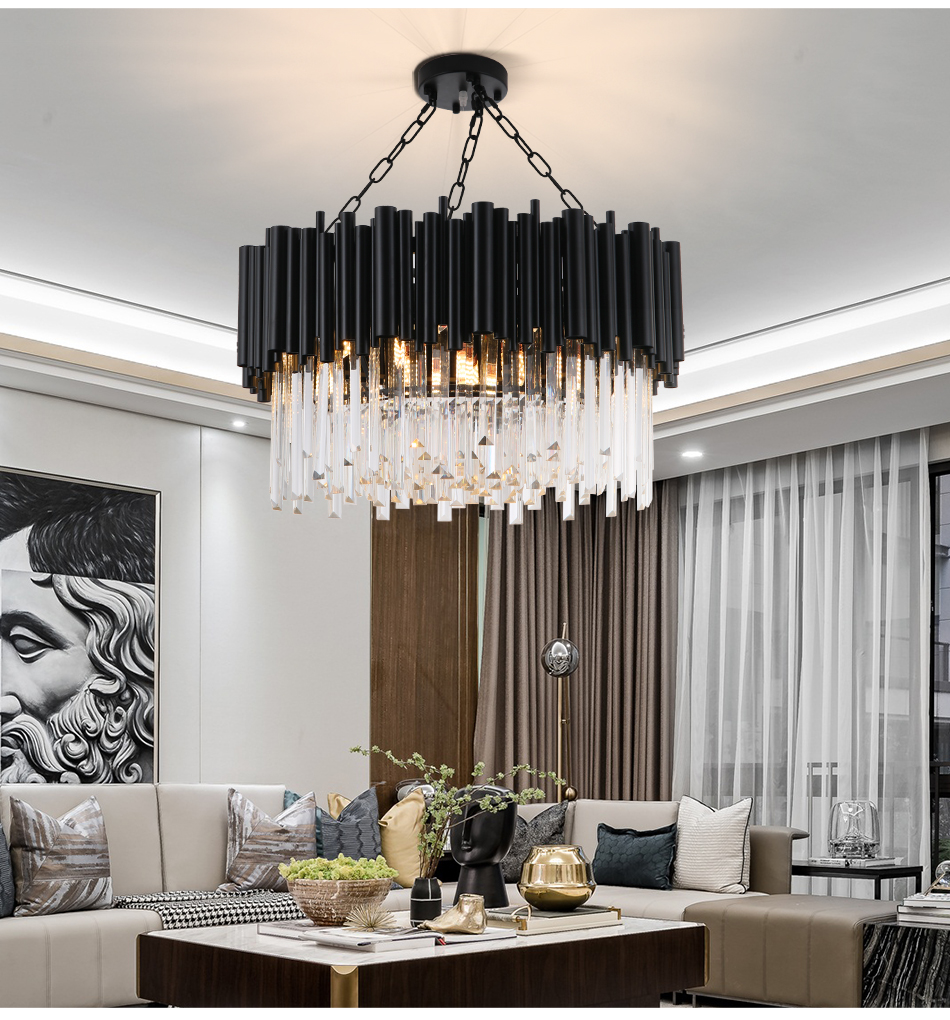 

Black modern chandelier lamp lighting for living room luxury round crystal home decoration chain led cristal light fixtures