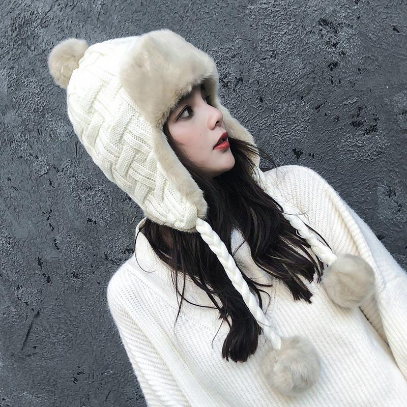

2020 New Winter Hats Women Knitting Hat Caps Snow Girls Thick Warm Ear Protector Bomber Fur Hats Bonnet Cap
