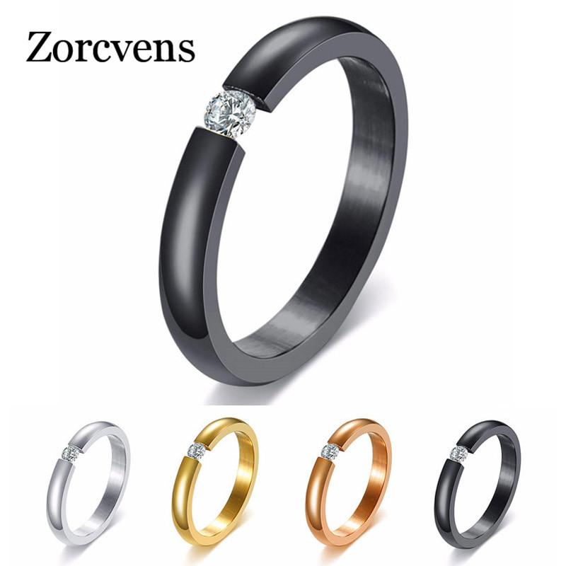 

ZORCVENS Top Quality Concise Zircon Wedding Stainless Steel Rose Gold Black Color Ring for Woman Never Fade Jewelry