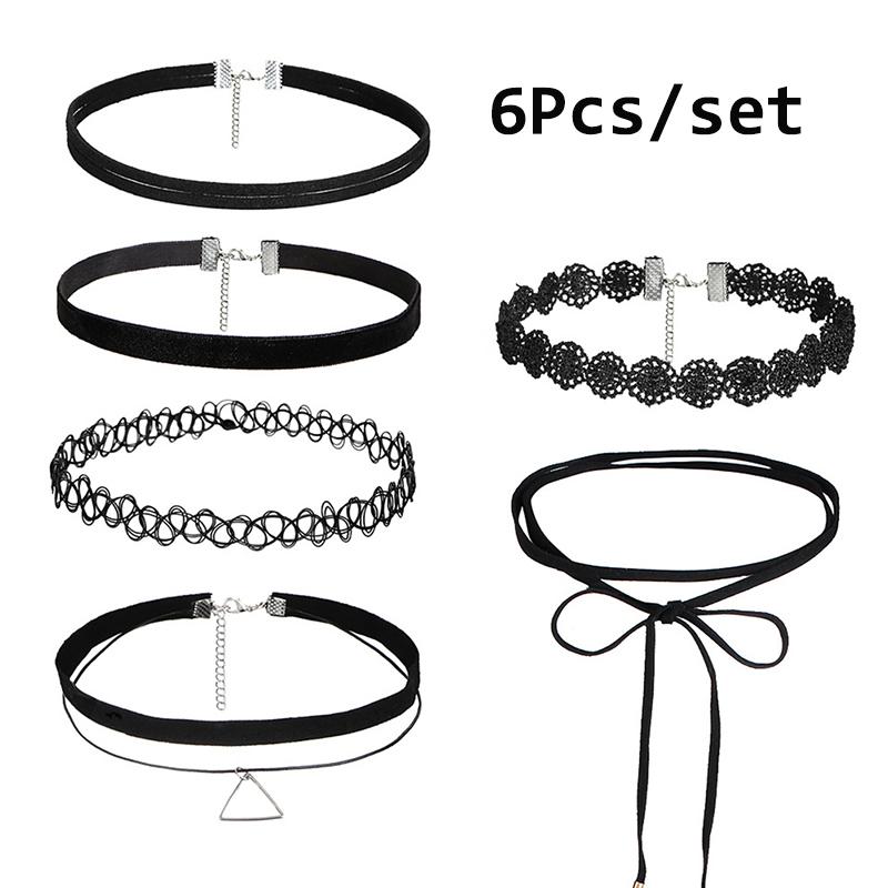 

6Pcs/set 90S Punk Style Choker Necklaces Gothic Tattoo Black Lace Leather Velvet Collier Women Collar Femme Chocker Jewellery
