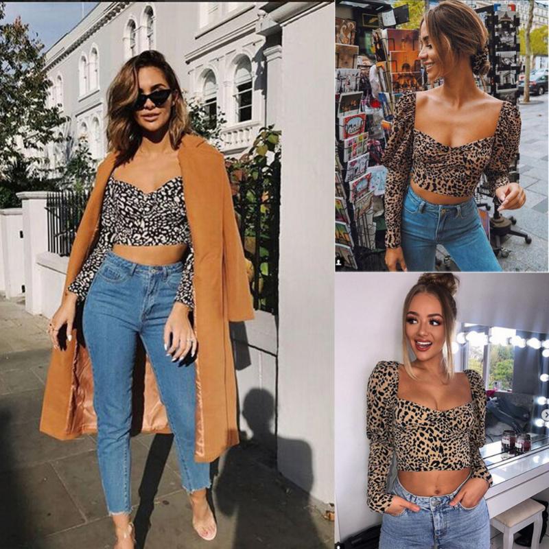 

Sexy Women Leopard Crop Tops Blouse Ladies Deep U Collar Long Sleeve Printing Shirts Pullovers High Street Slim Blusa Chemise, White