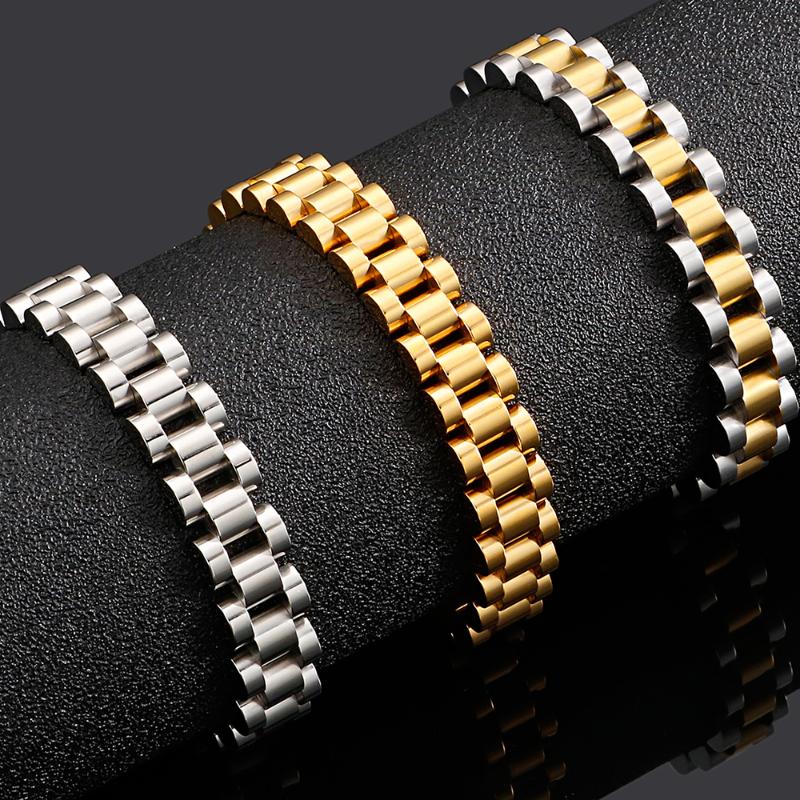 

Golden Stainless Steel Mens Bracelet For Men 10MM Wide Watch Chain Bracelets Wholesale Boys Jewellery Accessories Dropshipping