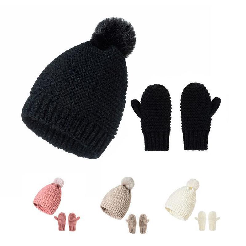 

Baby Children Winter Hat and Gloves Set 2pcs for 0-3years Boy Girl New Autumn Winter Knitted Woolen Cap for Outdoor Warmth, Black