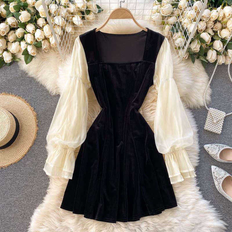 

Lady Square Neck A-line Dress New Fashion Women Autumn Winter Long Sleeve Contrast Stitching Retro Velvet Lack Vestidos Q6841, Black