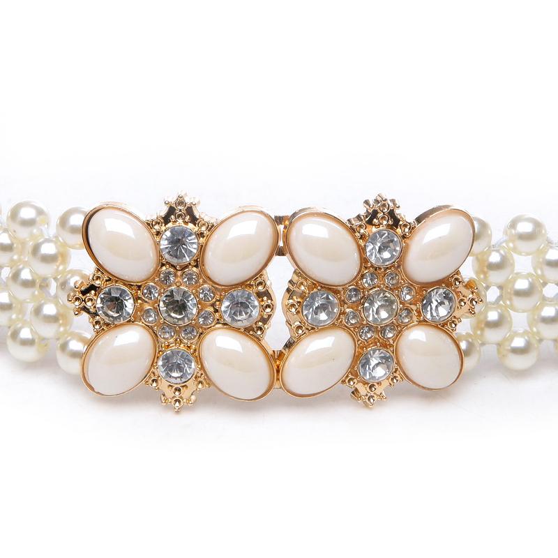 

Customerized Pearl Waistband Handmade Women White Pearl Waeving Elastic Strech Waist Belt Rhinestone Hook Buckle Cincn Strap