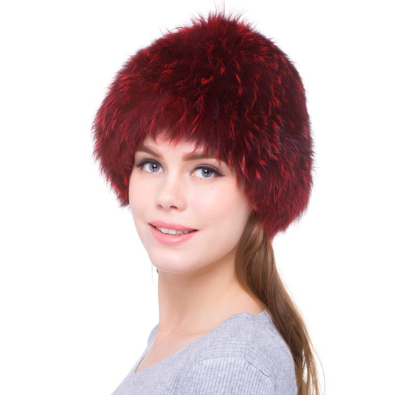 

Women's Ear Protection Burgundy Fur Winter Warm Knitted Hat Windproof Fashion Luxury Cute Tapered Adult Casual Bonnets