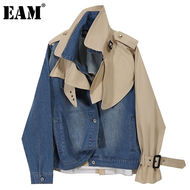

[EAM] Loose Fit Khaki Denim Irregular Split Joint Jacket New Lapel Long Sleeve Women Coat Fashion Spring Autumn 2021 1DD0180 201210