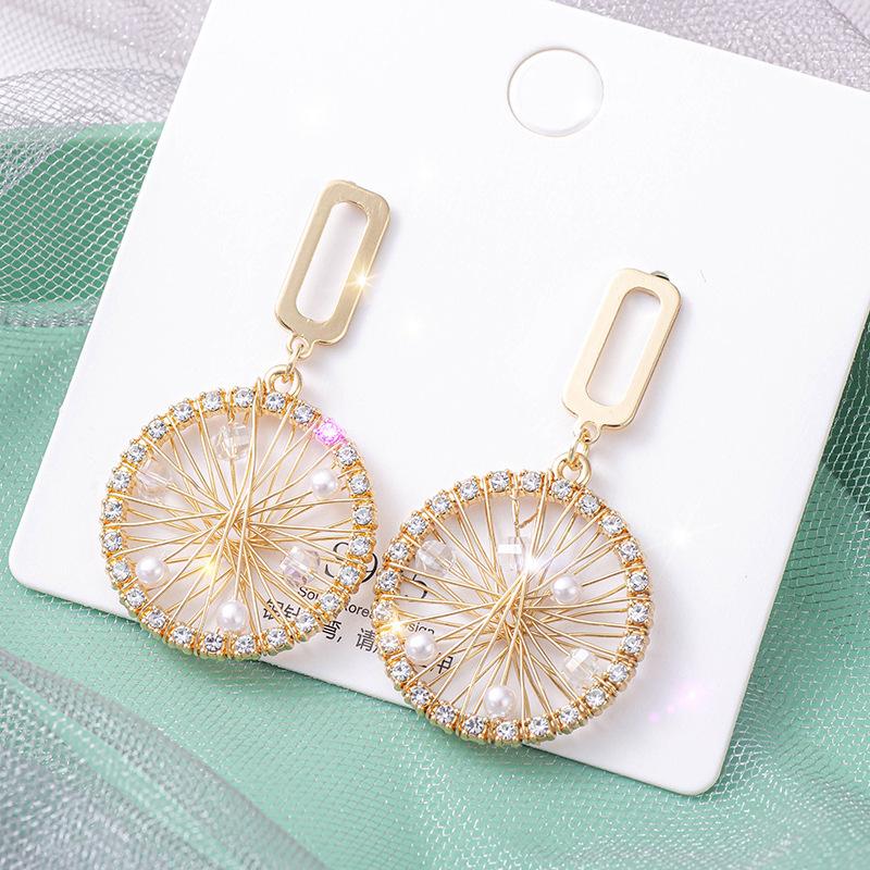 

Handmade Crochet pearl Earring Round Hollow Wedding Golden Dangling Earrings for Women crystal Drop Earring Jewelry