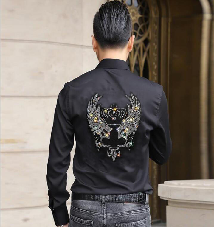 

New Black and White Stylish 2021 Long Sleeve Blouse Breathable Rhinestones Brand Shirt Men Streetwear M-4xl Scjq, As shown