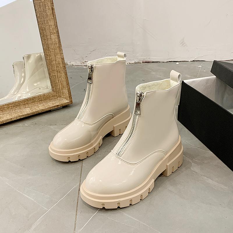 

Winter Boots Women Beige Bright Leather Gothic Shoes Ankle Boots Women Winter Zipper Warm Platform Heel Footwear, White