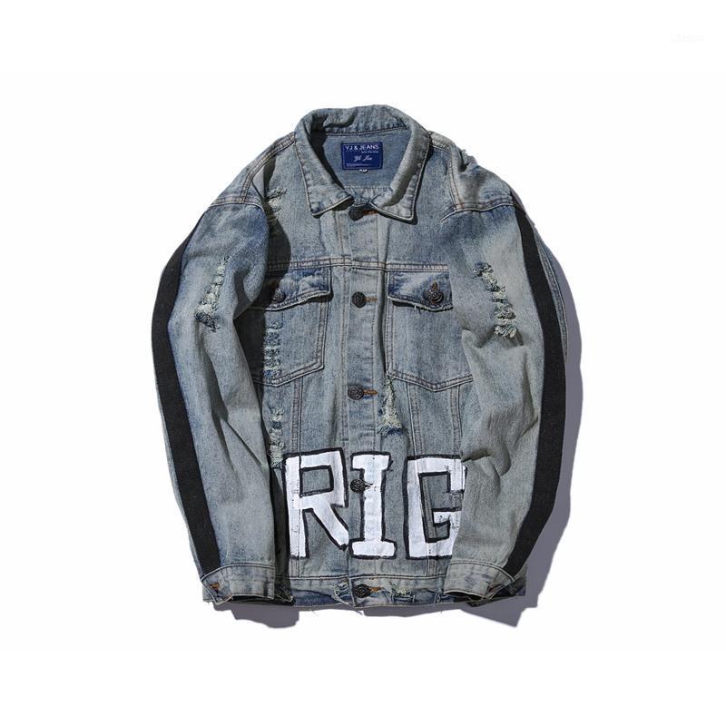 

ABOORUN Hip Hop Hand-printed Denim Jacket Men Destroyed Hole Streetwear Oversized Harajuku Blue Jeans Jacket for Male R32051