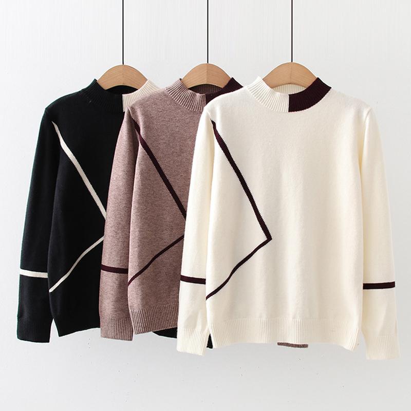 

2020 Casual Woemn Sweater Half High Collar Geometric Pattens Winter Bottom Lady Pullovers All Basic Knitted Shirt Women, Black