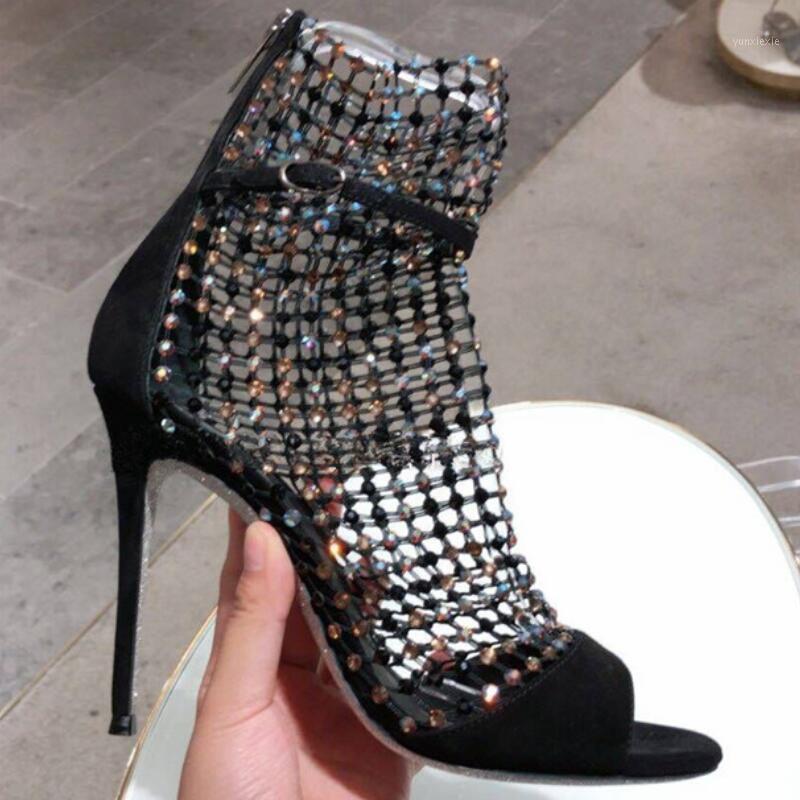 

Mesh Peep Toe Shoes Woman Ankle Boots High Heel Gladiator Shoes Bota Motociclista Crystal Sandalias Botin Mujer Chaussures Femme1, Black