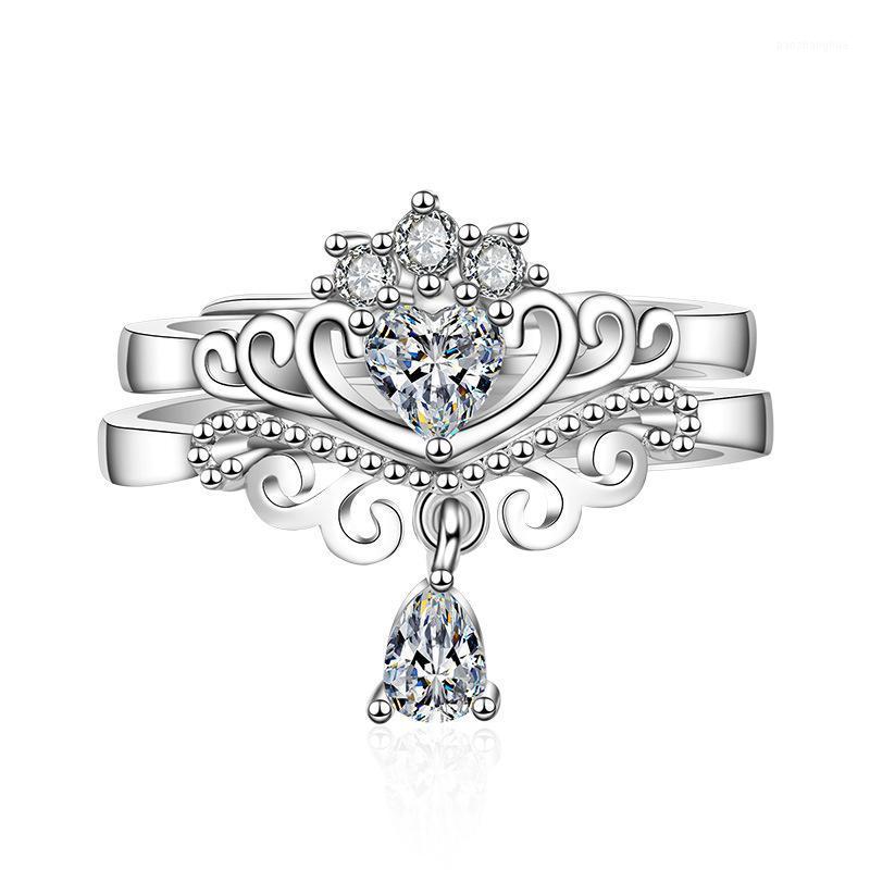 

Wedding Rings 2 In 1 Fashion Crown Adjustable Opening Ring For Women CZ Crystal Female Finger Engagement Party Jewelry Gift J155, Slivery;golden