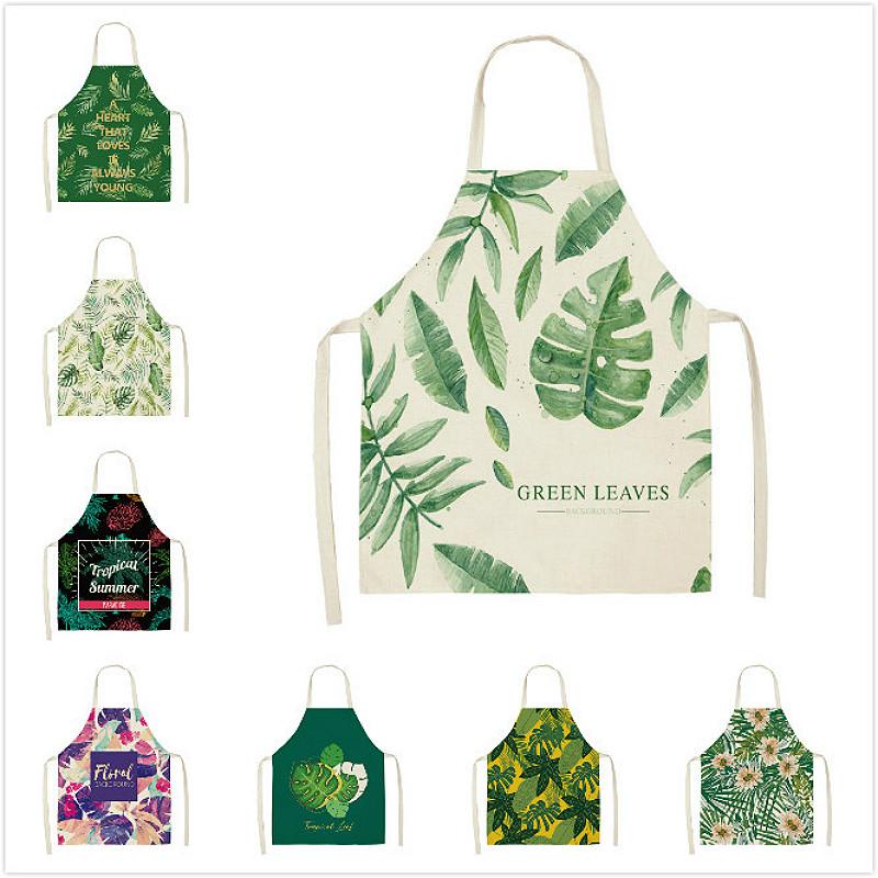 

1Pcs Green Leaf pattern Cleaning Art Aprons Home Cooking Kitchen Apron Cook Wear Cotton Linen Adult Bibs 68x55cm/47x38cm