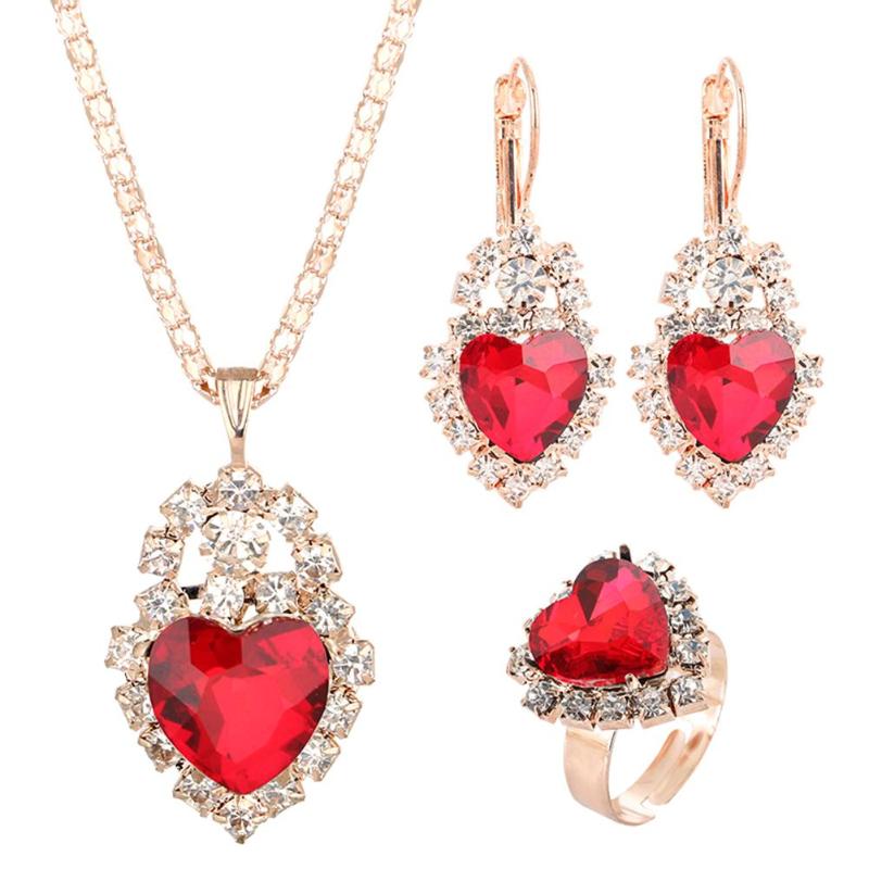 

Wedding Heart Pendant Rhinestone Inlay Necklace Earrings Ring Bridal Jewelry Set, As pic