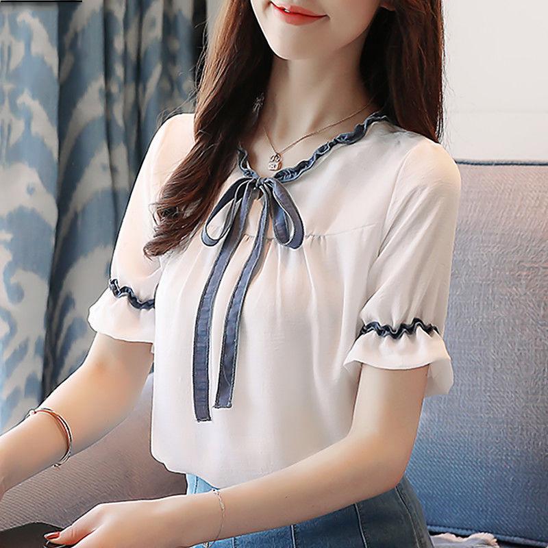 

Fashion Women Spring Summer Style Chiffon Blouses Shirts Lady Casual Short Sleeve V-neck Solid Loose Elegant Tops DF3475, White